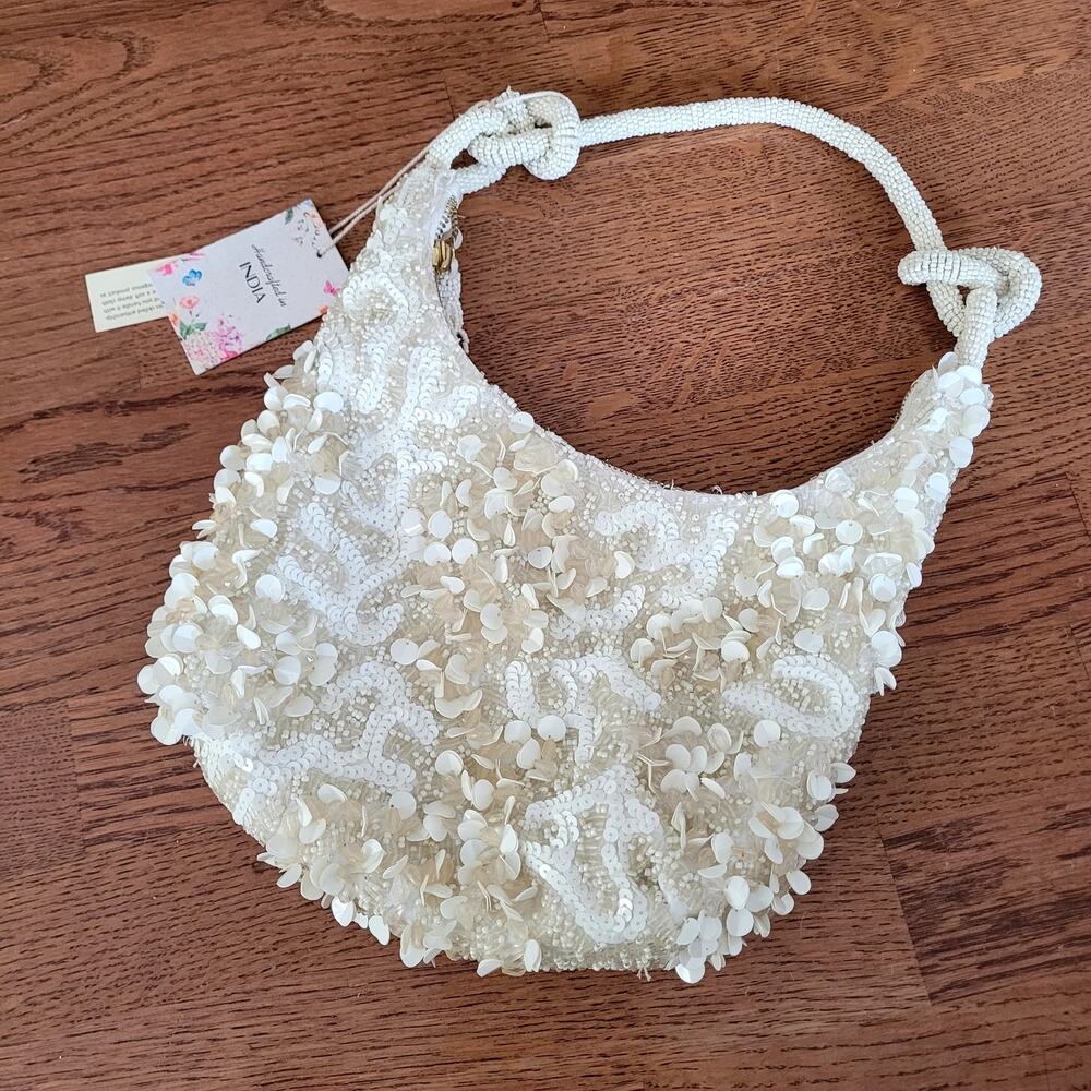 NWT Viral Beaded Sequins Handbag Bridal Handmade White Knots on Handle